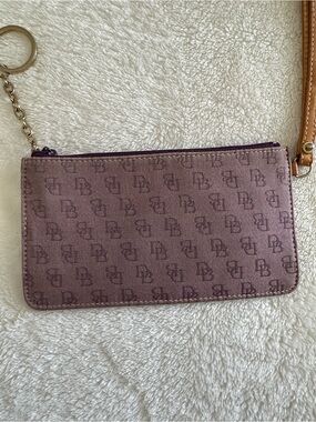 Dooney & Bourke Monogram Wristlet Pouch Purple Tan Coated Canvas Zip Clutch